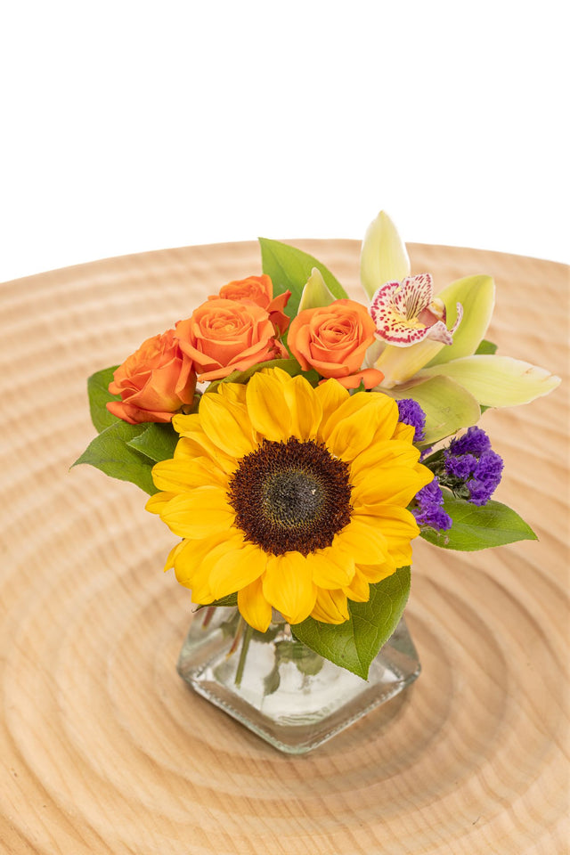 Citrus Bliss features a sunflower, orange spray roses, a green cymbidium orchid, purple static and lush greenery in a square glass vase.