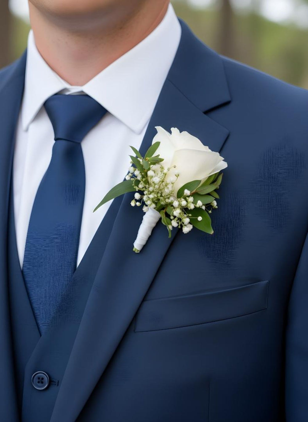 Single rose boutonniere with greenery and matching ribbon